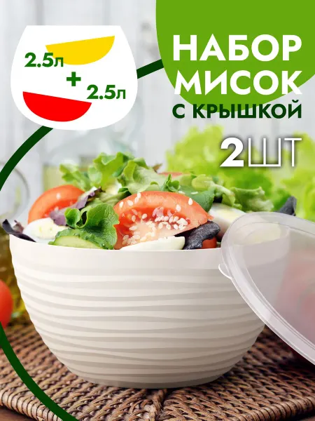 Миска с крышкой 2 шт по 2.5л, набор мисок, пластиковая