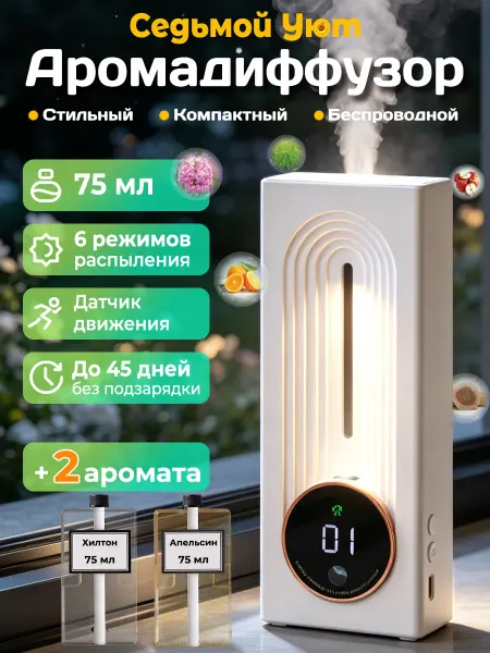 Седьмой Уют Умный аромадиффузор электронный для дома + 2 аромата 75 мл