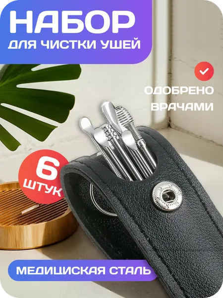 Набор для чистки ушей, Ухочистка , Ушная палочка металлическая, 6 предметов в черном подарочном футляре