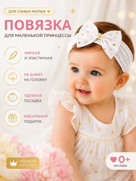 BONELLA Повязка на голову малышу для новорожденных белая горошек