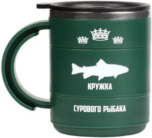 Термокружка "Кружка сурового рыбака" с ручкой и крышкой, объем 450 мл, сохраняет тепло 2 часа, нержавеющая сталь и пластик, цвет зеленый милитари (хаки)