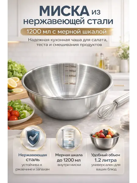 САРЫШКА 2 Миска из нержавеющей стали 1200 мл с мерной шкалой