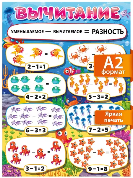 ТМ Мир поздравлений Детский обучающий плакат по математике. Плакат вычитание А2
