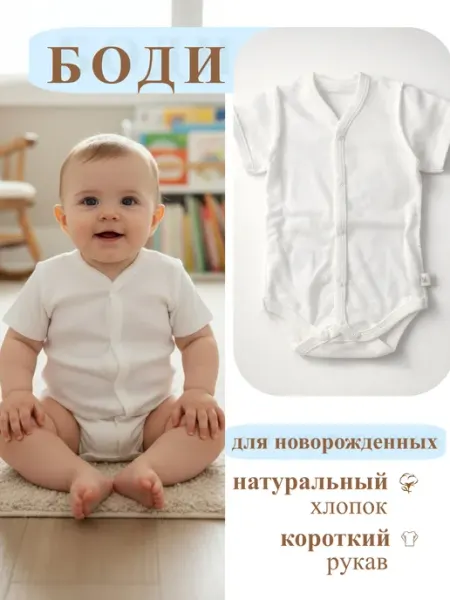 Первенец Боди для новорожденных, короткий рукав, наружные швы