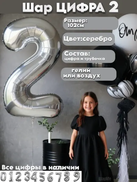 Шарlife Воздушный шар,цифра серебро 2