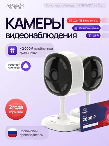 Камера видеонаблюдения wifi для дома TRASSIR TR-W2C1, комплект видеонаблюдения 2 камеры + Облако 2000