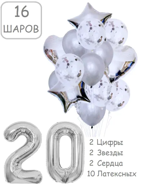 Патишар Шарики воздушные для фотозоны 16 серебро цифра 20 лет набор