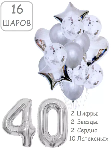 Патишар Шарики воздушные для фотозоны 16 серебро цифра 40 лет набор