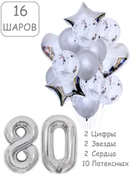 Патишар Шарики воздушные для фотозоны 16 зч цифра 80 лет набор