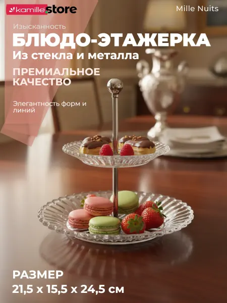 VESSEN Home&Kitchen Блюдо-этажерка из стекла, 2 яруса 21,5х24,5 см, Mille Nuits