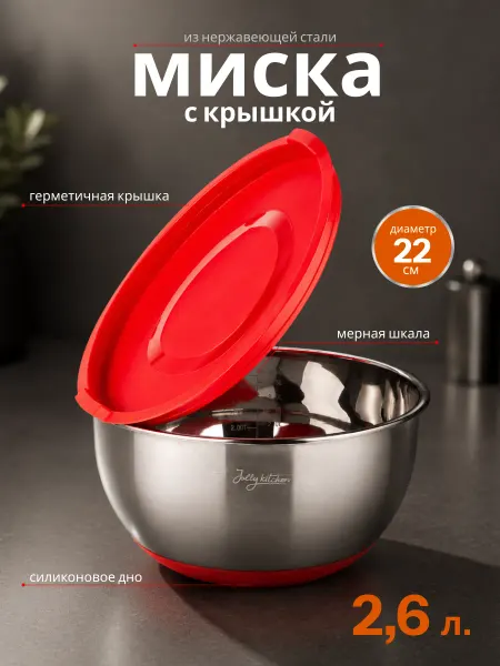 JOLLY KITCHEN Миска металлическая кухонная с крышкой 22 см, 2,6 л
