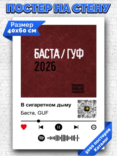Arthata-spotify постер Спотифай постер Спотифай постер Баста GUF - В сигаретном дыму 40х60