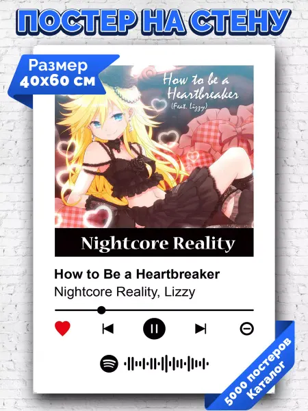 Arthata-spotify постер Спотифай постер Плакат Nightcore Reality - How to Be a Heartbreaker 40х60