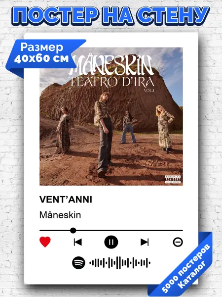 Arthata-spotify постер Спотифай постер Спотифай плакат Maneskin-Vent’anni 40х60