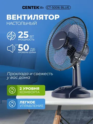 Вентилятор настольный Centek CT-5006 Blue, металлическая решетка-сетка 27 см, мощность 25Вт, 2 скорости, синий