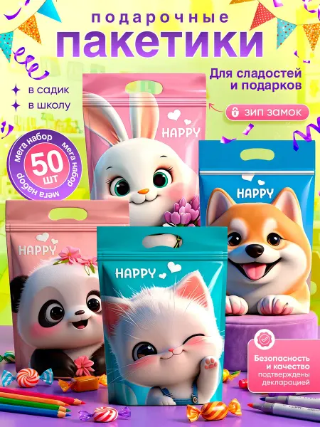 HAPPY DAY. Пакетики для сладостей в детский сад и школу подарочные