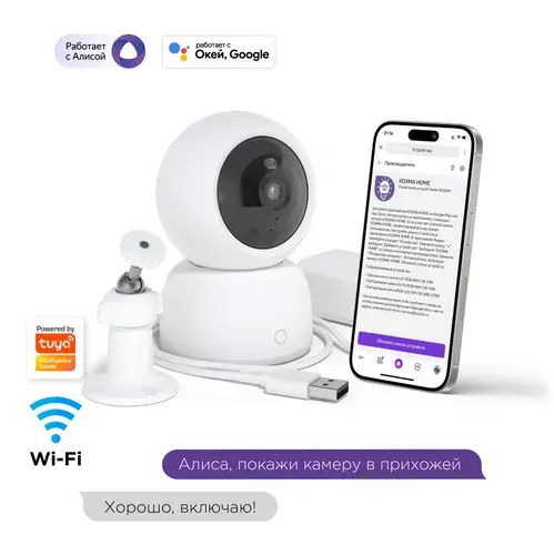 Умная камера Wi-Fi 2К 2.4/5ГГц 360 c Яндекс Алисой, Google Assistant, поддержка карт памяти до 256Гб и облачное хранение