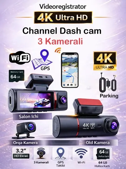 Видеорегистратор Channel 3 камеры 4K Ultra HD WiFi GPS 64GB Parking дисплей 3.2 HD