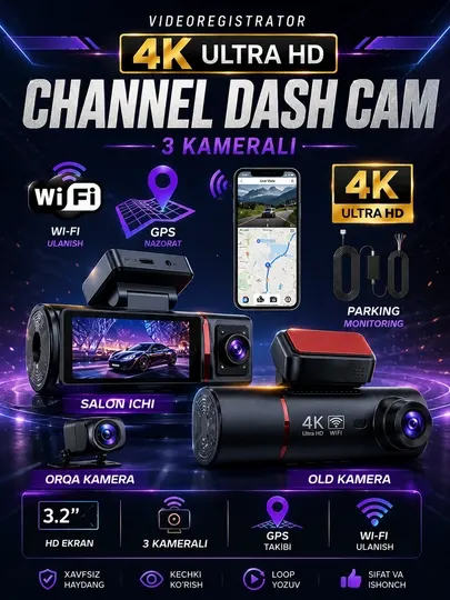Видеорегистратор Channel 3 камеры 4K Ultra HD WiFi GPS Parking дисплей 3.2 HD