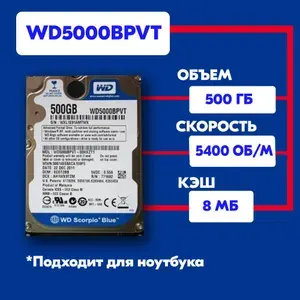 Western Digital 500 ГБ Внутренний жесткий диск WD5000BPVT, 2.5", 5400 об/мин, SATA II 3 Гбит/с (WD5000BPVT)