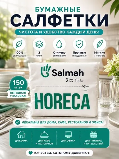 Salmah HORECA — экологические салфетки, 2 слоя, 150 шт., в упаковке 300 / 450 шт