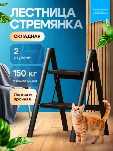 Стремянка 2 ступени для дома Широкие ступени 30х20см Черная