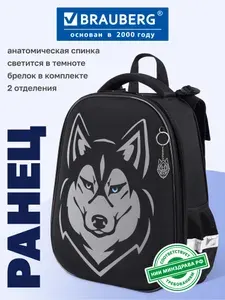 Рюкзак школьный для мальчиков, портфель детский ортопедический Brauberg Shiny, 2 отделения, с брелком, Husky, Светящийся Рисунок, 38х28х14 см
