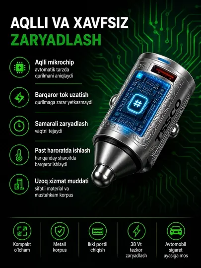 Мощное автомобильное зарядное устройство 38W (2 USB, быстрая зарядка)