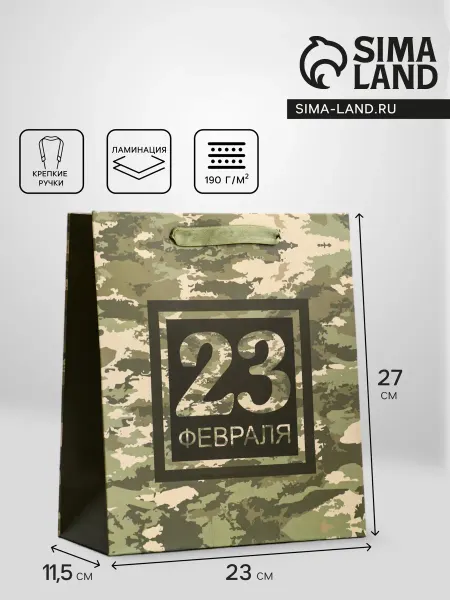 UPAK LAND Пакет подарочный вертикальный 23 февраля, ML 23×27×11.5 см