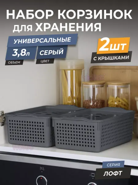 VIOLET Корзинка для хранения с крышкой 3,8л Лофт пластиковая
