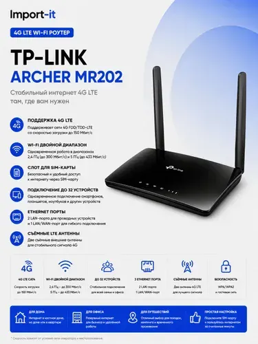 TP-Link Archer MR202 Wi-Fi Роутер, AC750, 2,4/5ГГц, SIM