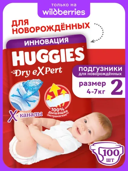 HUGGIES Подгузники для новорожденных Dry Expert 2 р 4-7 кг 100 шт