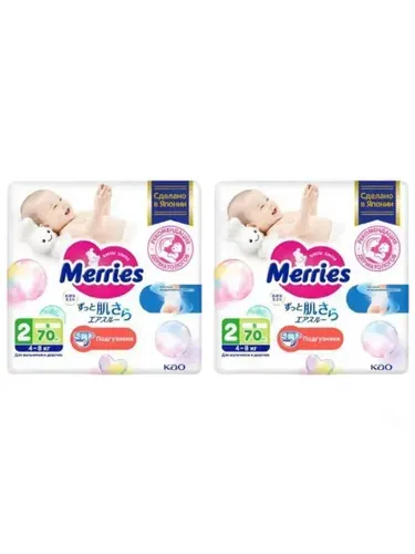 Набор 2 х Merries подгузники размер S 4-8 кг 70 шт