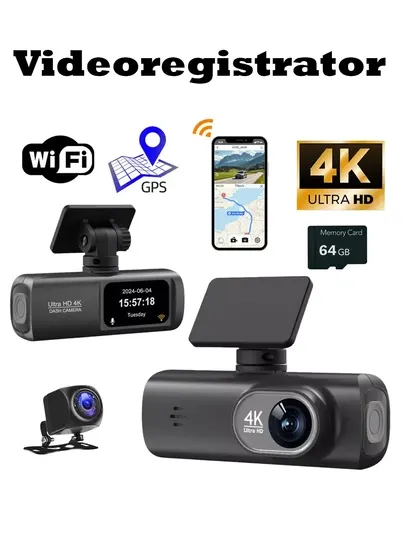 Видеорегистратор 4K GPS Wi-Fi, 2 камеры, Parking Monitoring, G-Sensor, MicroSD 64GB
