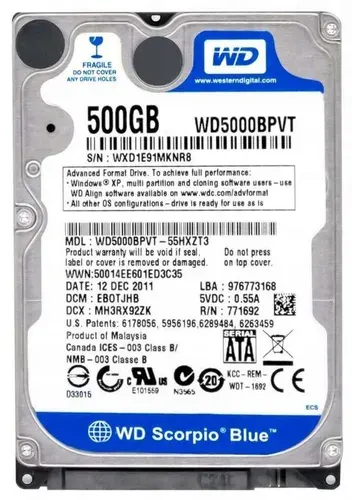 Western Digital 500 ГБ Внутренний жесткий диск, 2.5", 5400 об/мин (WD5000BPVT)