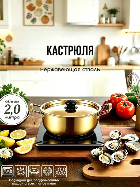 Кастрюля индукционная золотая Кастрюля 2 л