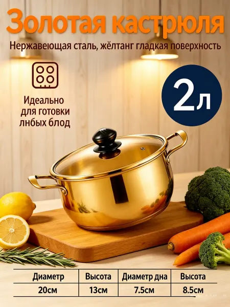 Сковорода 2 л, золотая нержавейка с крышкой