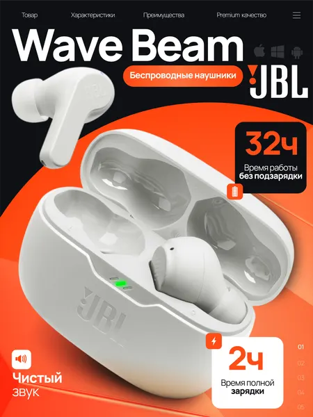 Беспроводные наушники JBL Wave Beam TWS, IP54, с микрофоном, Bluetooth 5.2, белые