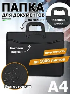 Папка для документов канцелярская с ручками пластиковая A4, 2 отделения и 2 кармана, черная