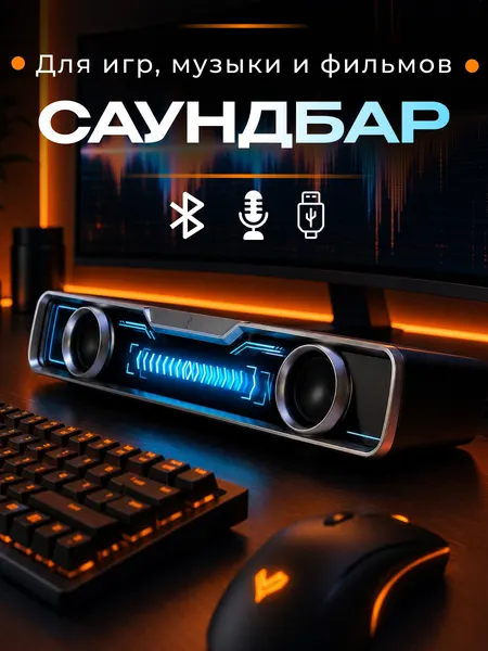 Колонка саундбар BlackRED для компьютера и ноутбука с Bluetooth и неоновой подсветкой