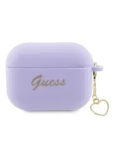 Чехол Guess Silicone для беспроводных наушников Apple Airpods Pro 2 / Аирподс Про 2 силиконовый с брелком Script logo, фиолетовый