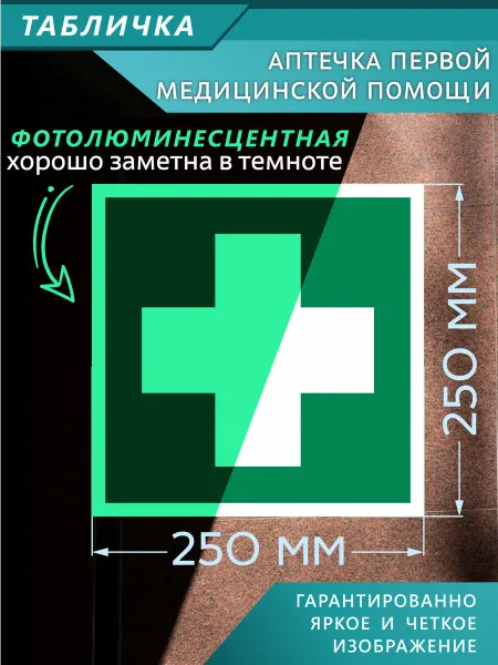 ДелаемЗнаки Табличка фотолюм. EC01 Аптечка первой медицинской помощи