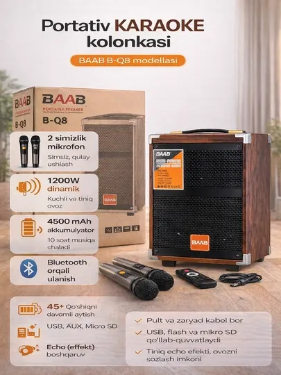 Караоке-колонка BAAB B-Q8 с 2 беспроводными микрофонами