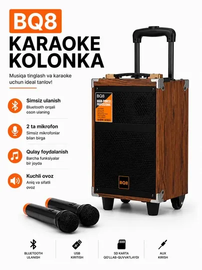 Караоке-колонка BAAB B-Q8 ВQ12 с 2 беспроводными микрофонами