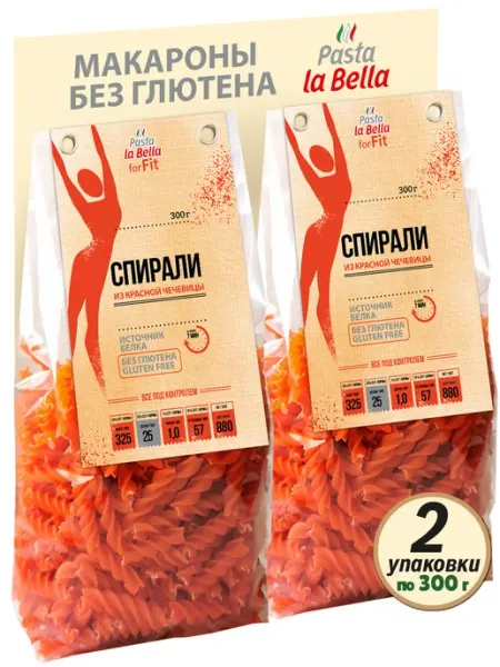 Pasta la Bella forFIT Спирали из красной чечевицы без Глютена, 2 упаковки