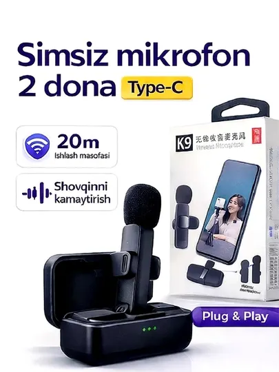 Беспроводной микрофон K9, комплект из 2 микрофонов, Type-C, Iphone, шумоподавление