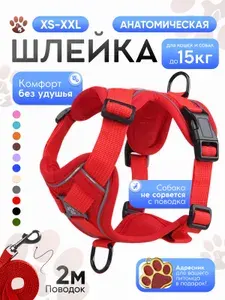 Шлейка для собак мелких и средних пород, анатомическая с поводком 2 метра Savipets, размер XXL, цвет красный