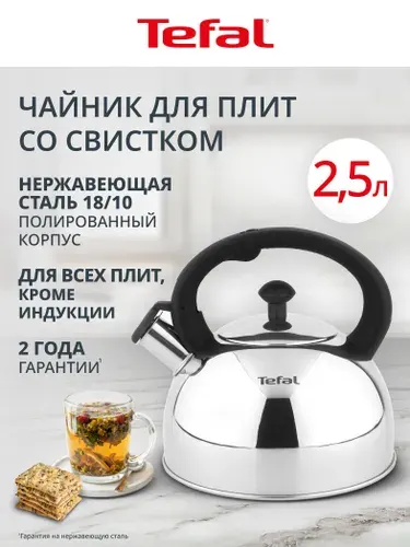 Чайник для плиты Tefal Wave 2,5 л, из полированной нержавеющей стали, со свистком, для всех плит, кроме индукции