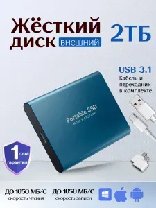 2 ТБ Внешний жесткий диск (xYP005), Металл, Пластик, синий