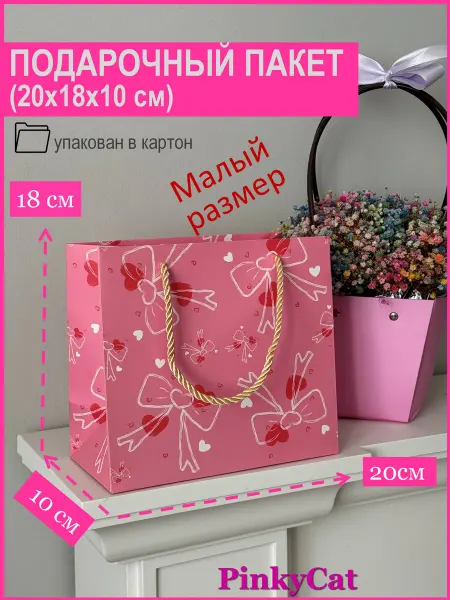 PinkyCat Упаковка Пакет подарочный Бант и сердце (20х18х10см)